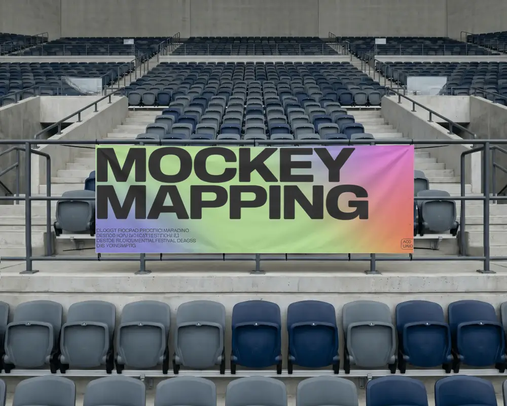 Large Empty Rail Banner Mockup Hanging In Stadium With Tiered Seating Background