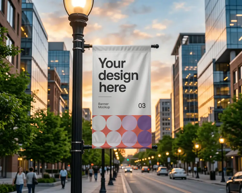 Vertical Street Banner Mockup On Lamp Post With Urban Background And Evening Sky