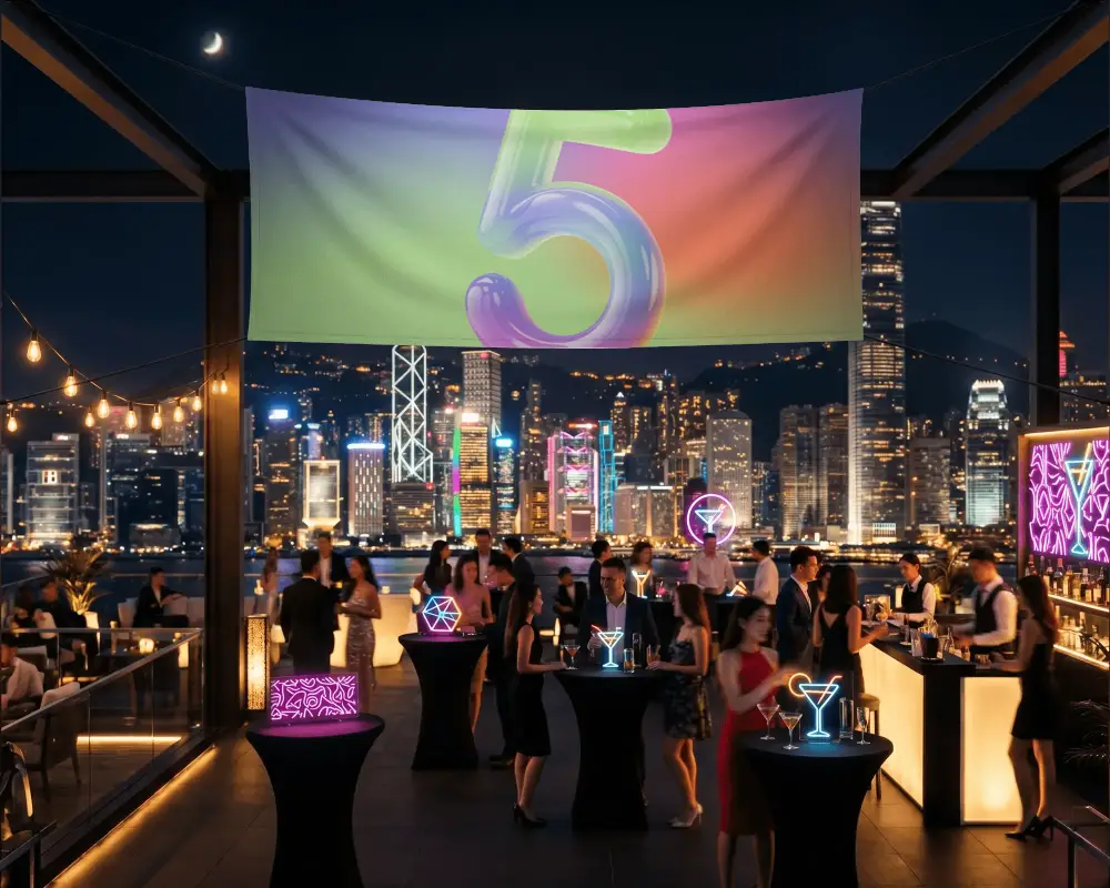 Luxury Rooftop Bar Nighttime Cocktail Gathering Metropolitan Skyline Party Lounge Banner Mockup