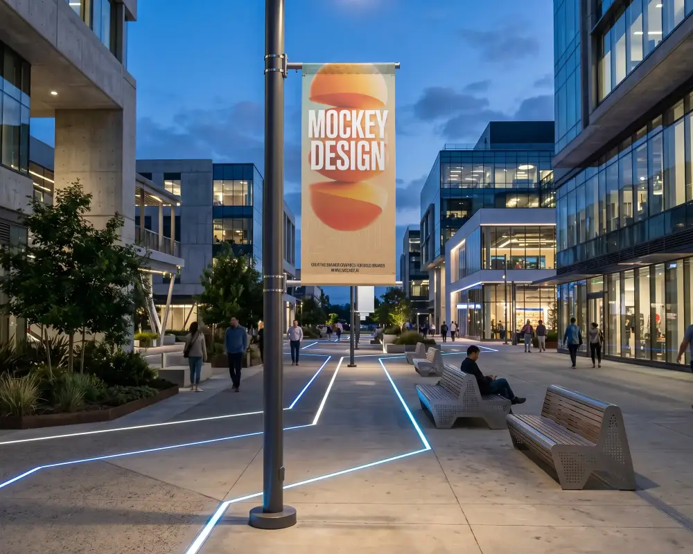 City Sidewalk With Empty Flag Banner Mockup For Promotion And Visual Communication
