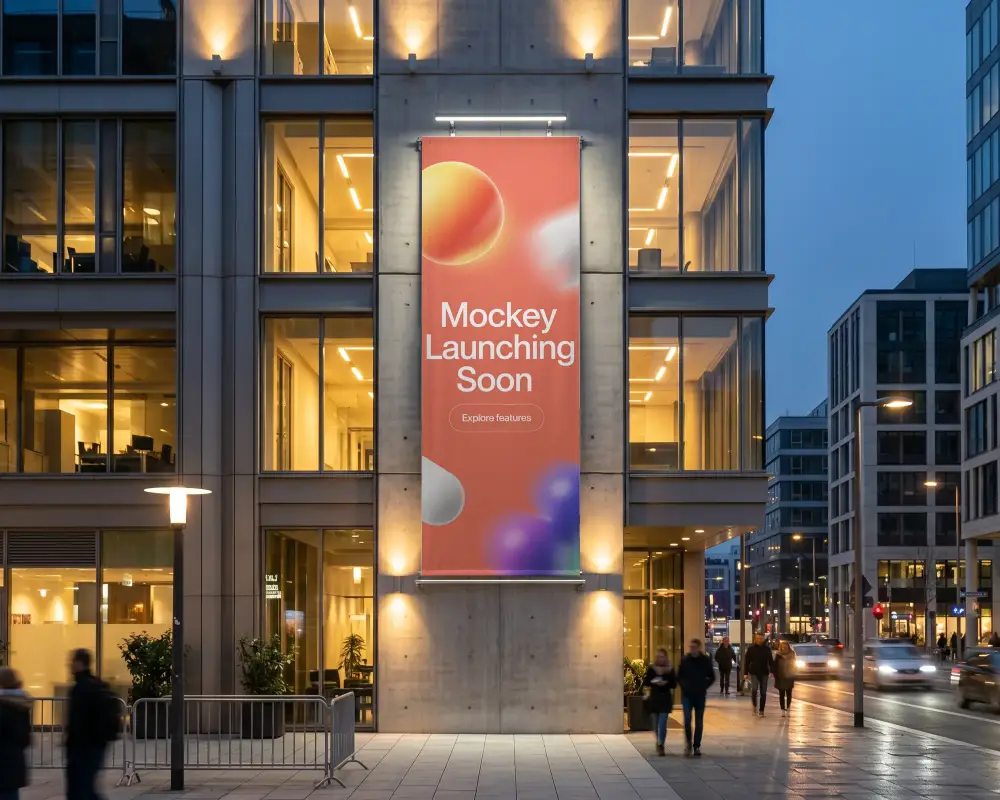 Empty Vertical Banner Mockup On Contemporary Glass Facade In Busy City Street