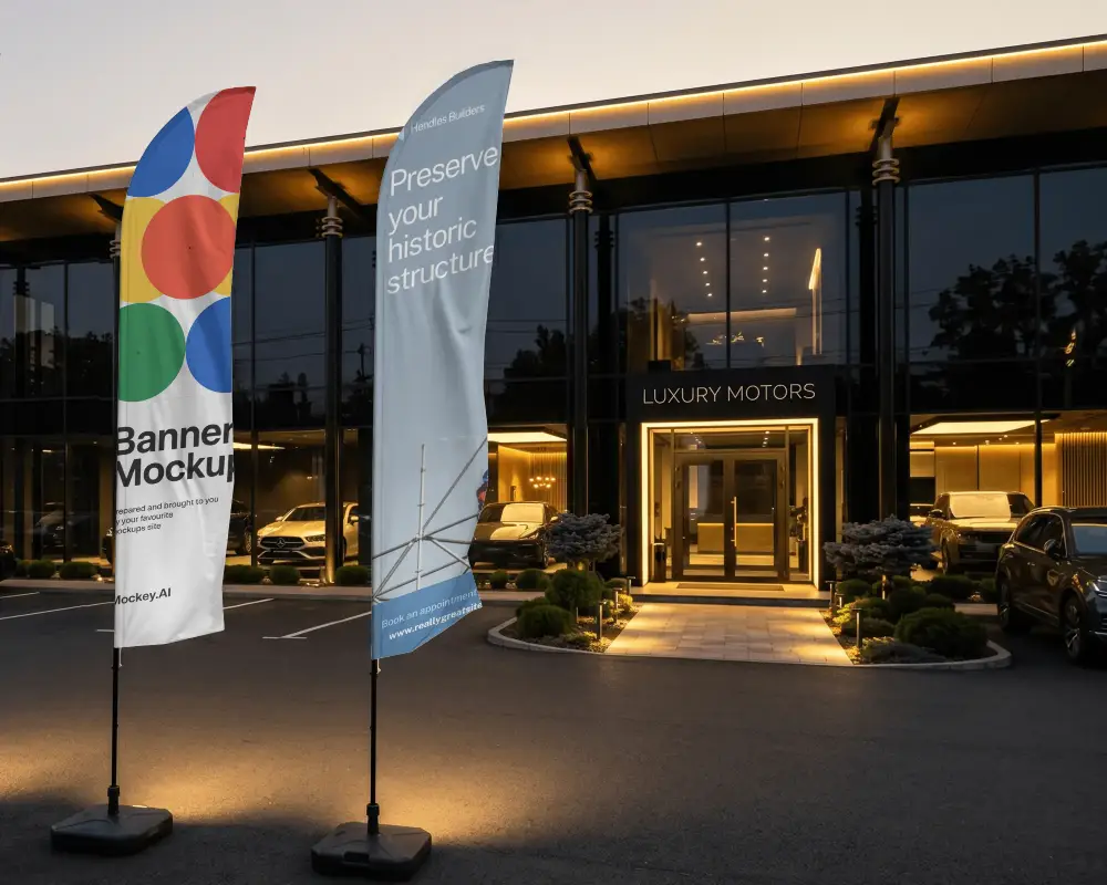 Outdoor Feather Flags Banner Mockup For Luxury Car Showroom Entrance Event Promotion