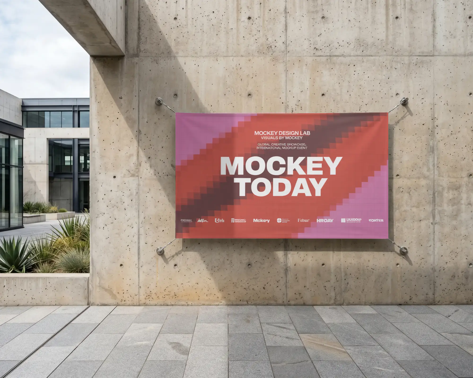 Spacious Concrete Wall With Large Horizontal Blank Banner Mockup Brand Promotions