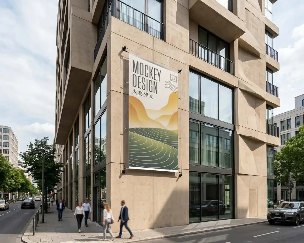 Realistic Outdoor Vertical Banner Mockup Attached To Concrete Building Facade