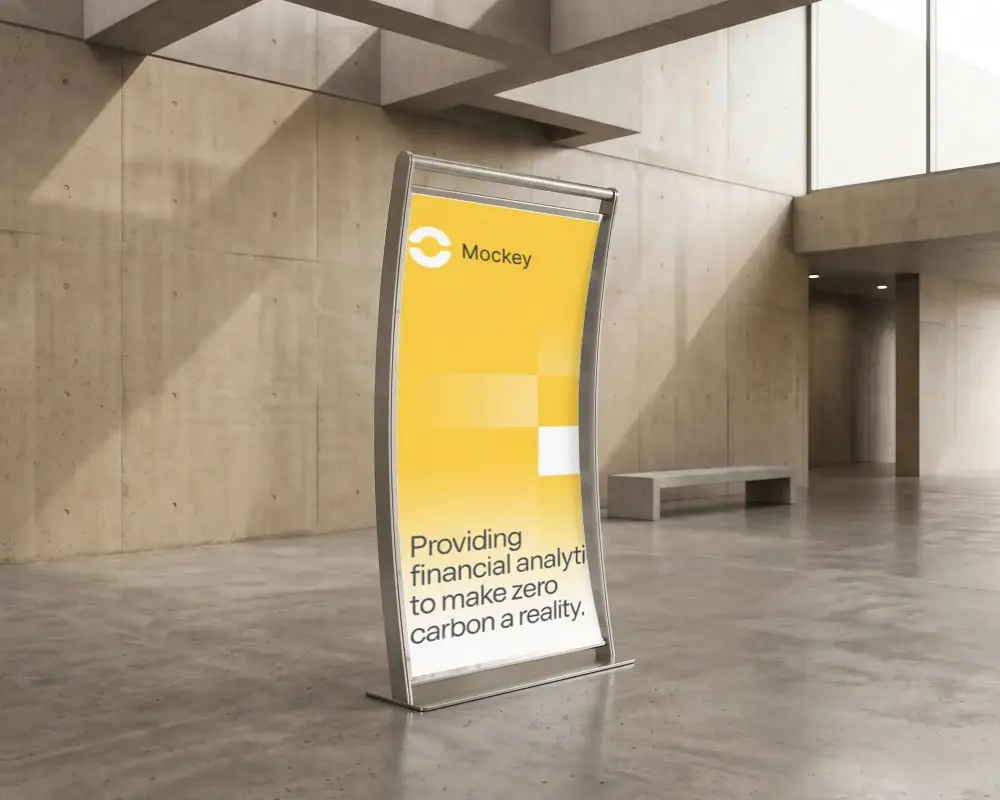 Sleek Curved Vertical Banner Mockup Stand With Metal Frame For Exhibition And Branded Messaging