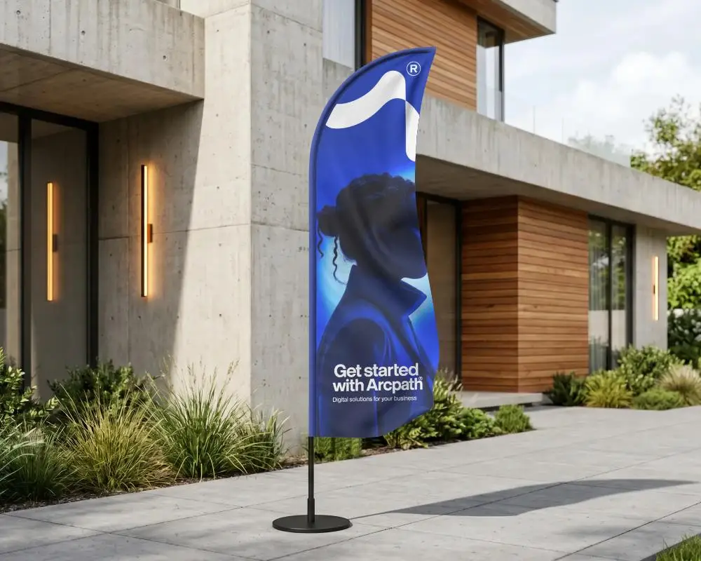Outdoor Advertising Flag Mockup With Modern Building Background For Business Promotion