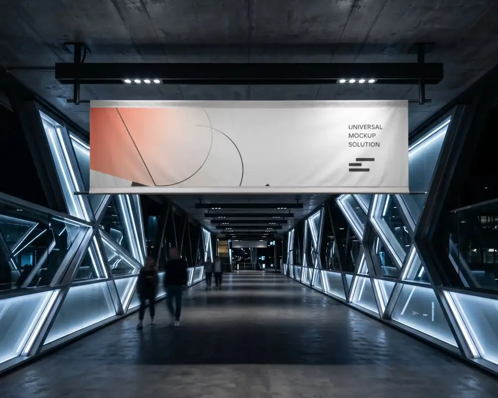 Empty Hanging Banner Mockup In Modern Urban Glass Passageway Nighttime