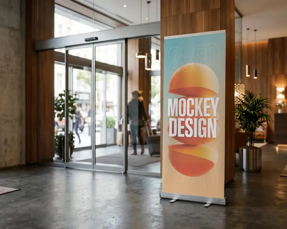 Retractable Stand Banner Mockup With Empty Poster Area In Stylish Commercial Indoors