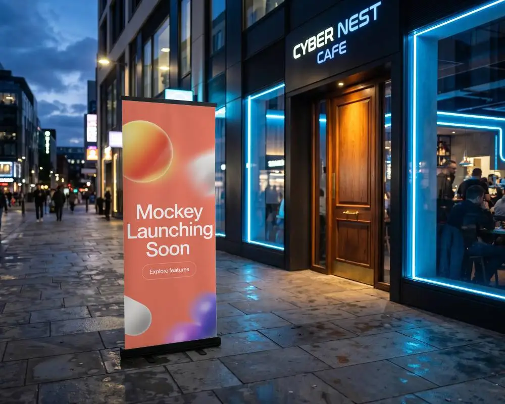 Retractable Stand Banner Mockup Citysidewalk Evening Urban Environment Restaurant Exterior