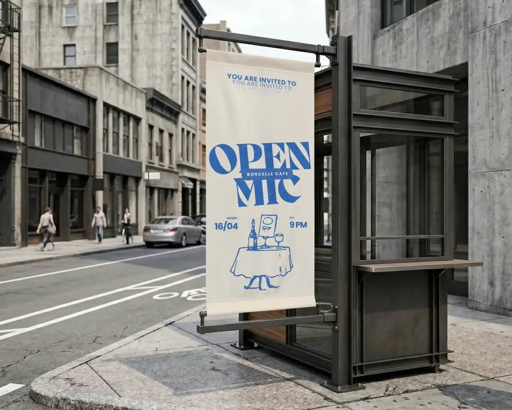 Street Side Banner Mockup For Urban Advertising With Folded Fabric And Metal Bracket