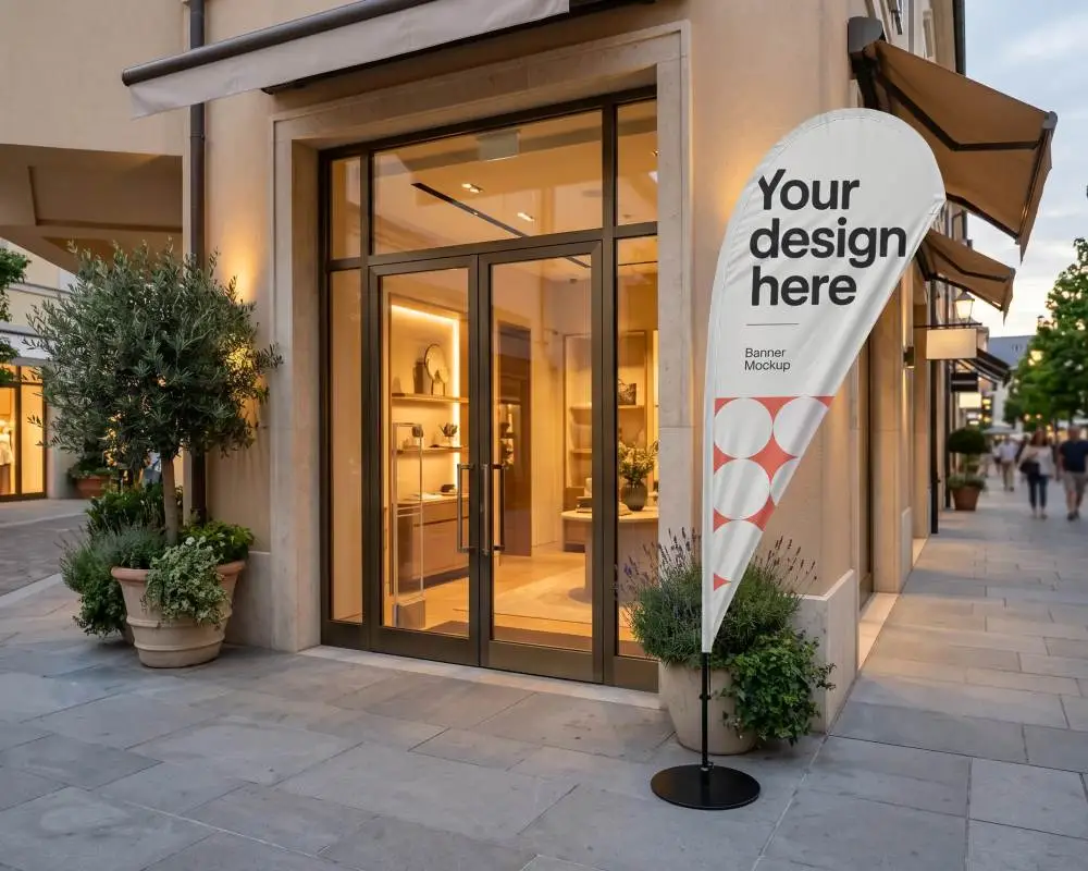 Outdoor Retail Flag Banner Mockup Near Glass Doorstore Entrance For Advertising Promotion