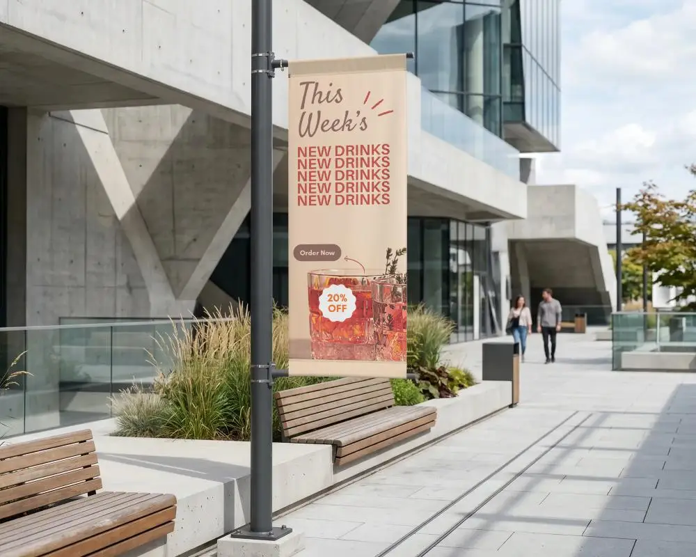 Urban Street Banner Mockup For Outdoor Advertising On Metal Pole In City Scape