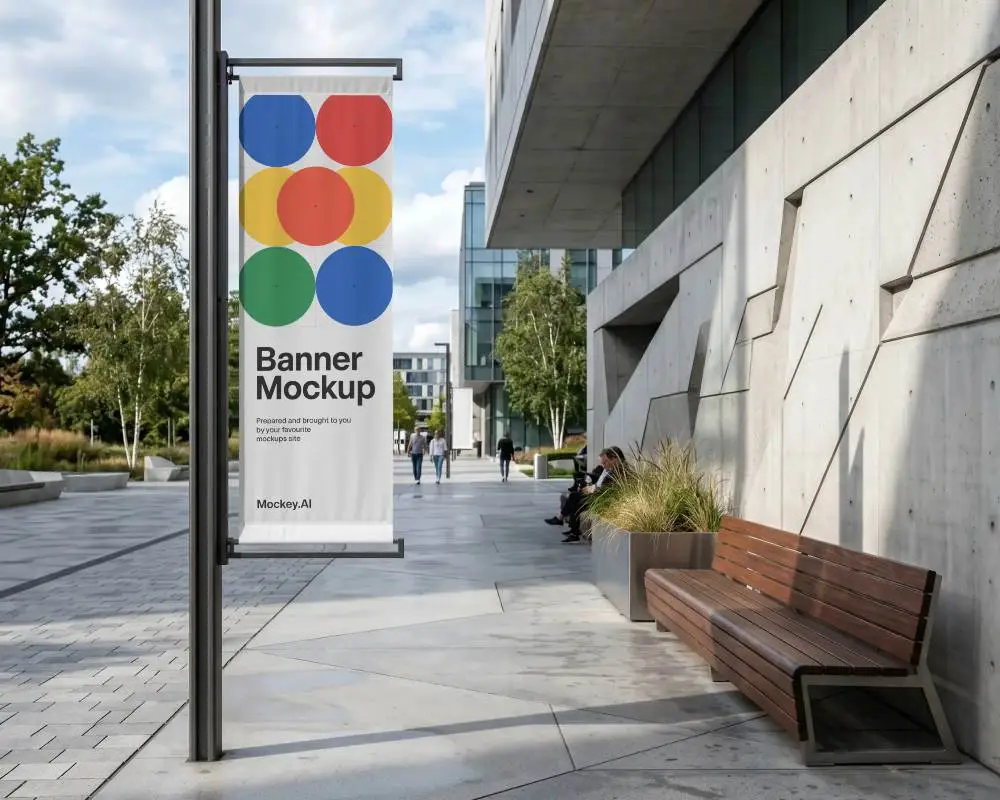 Vertical Fabric Banner Mockup Displayed Outdoor In Modern Urban Public Space Walkway
