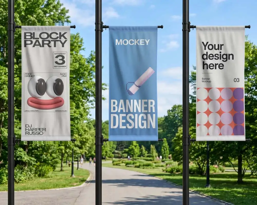 Outdoor Street Pole Banner Mockup For Advertisement Display In Urban Green Park Environment