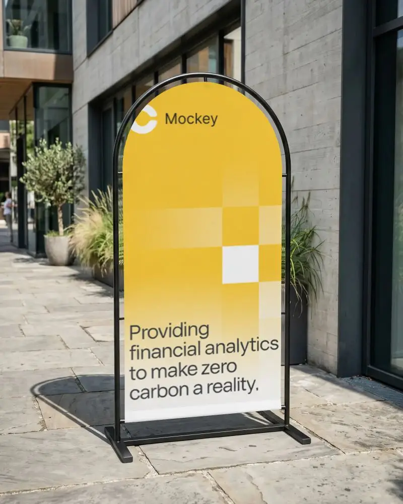 Minimalistic Outdoor Banner Mockup With Arched Metal Frame For Branding Exposure