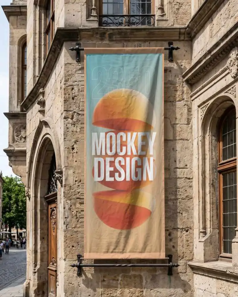 Street Banner Mockup On Ornate Ancient Architecture Facade Urban Outdoor Advertisement