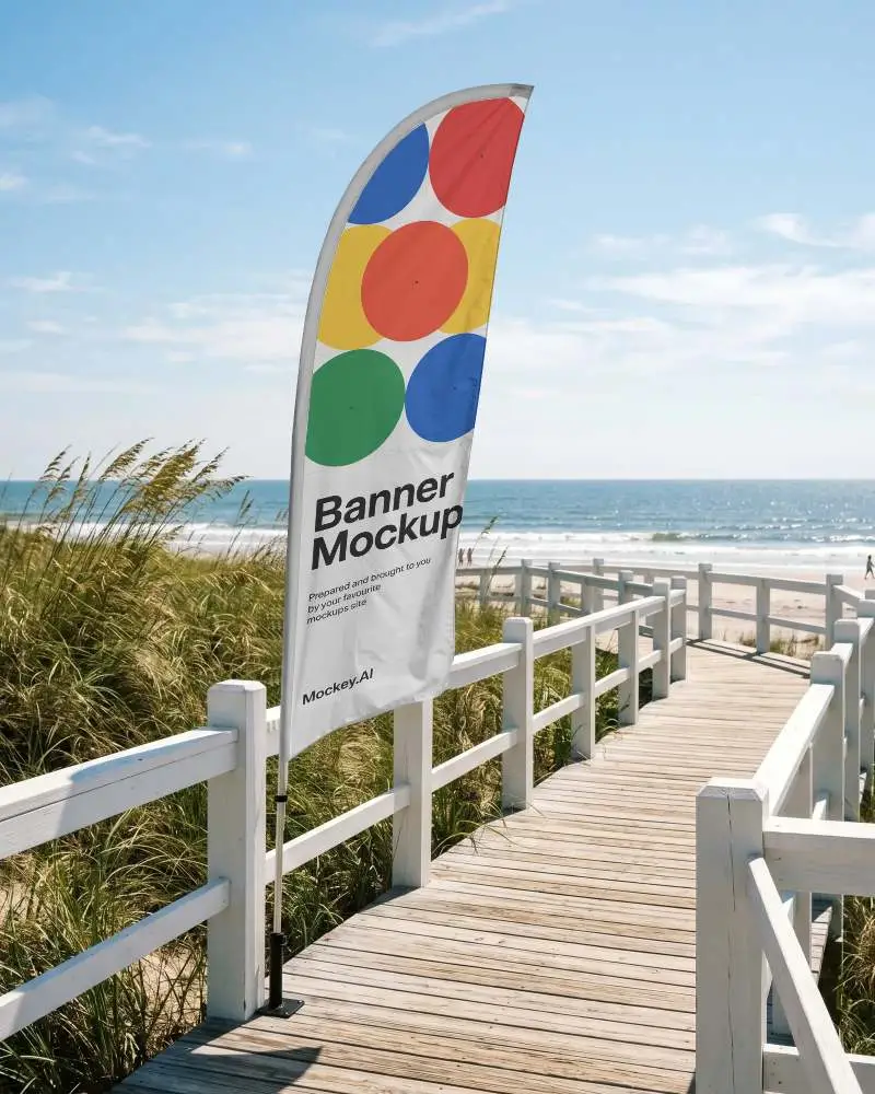 Beachside Outdoor Advertising Banner Mockup With Ocean And Wooden Pathway Background