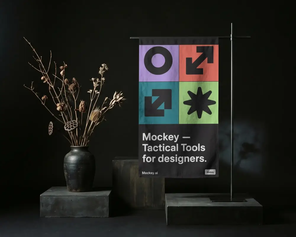 Minimalistic Banner Mockup With Textile Hanging On Metal Stand And Ceramic Vase Decoration