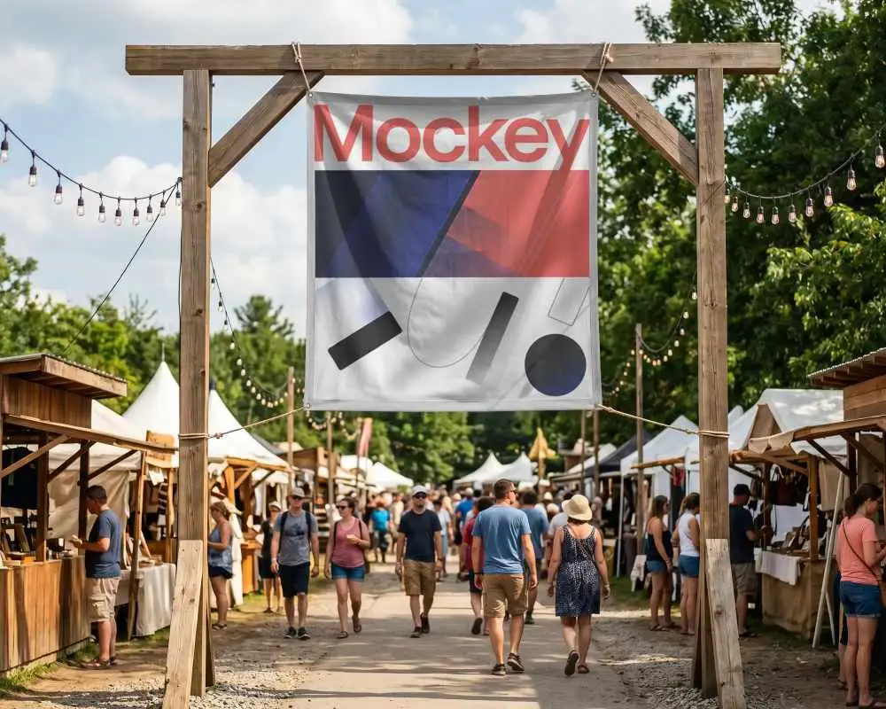 Marketplace Event Banner Mockup With People Shopping At Various Stalls Under String Lights