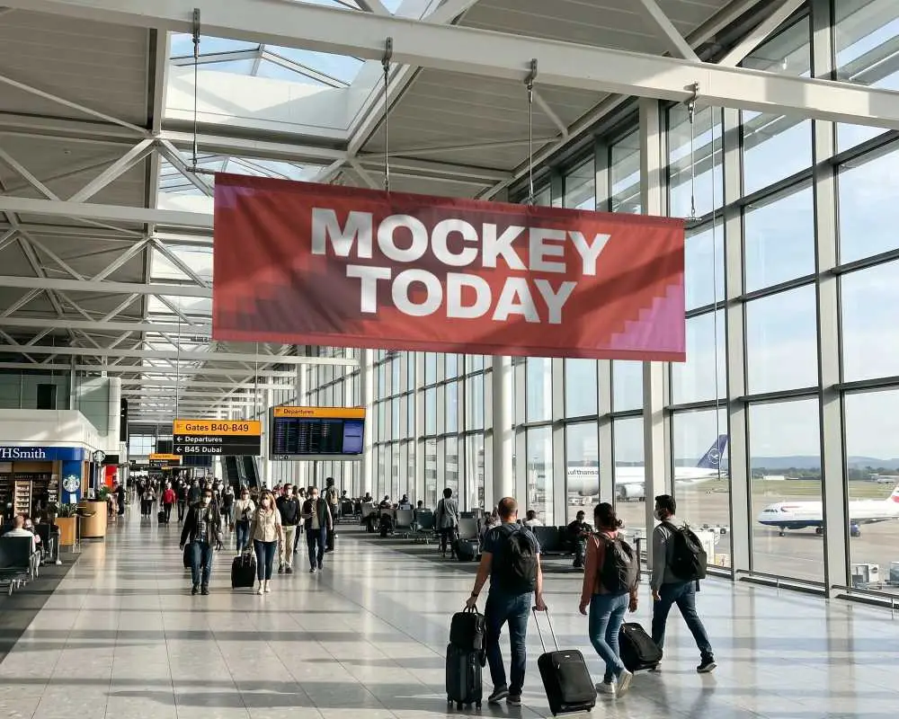 Airport Hangar Inner Hanging Banner Mockup With Passenger Walking Luggage And Glass Walls View