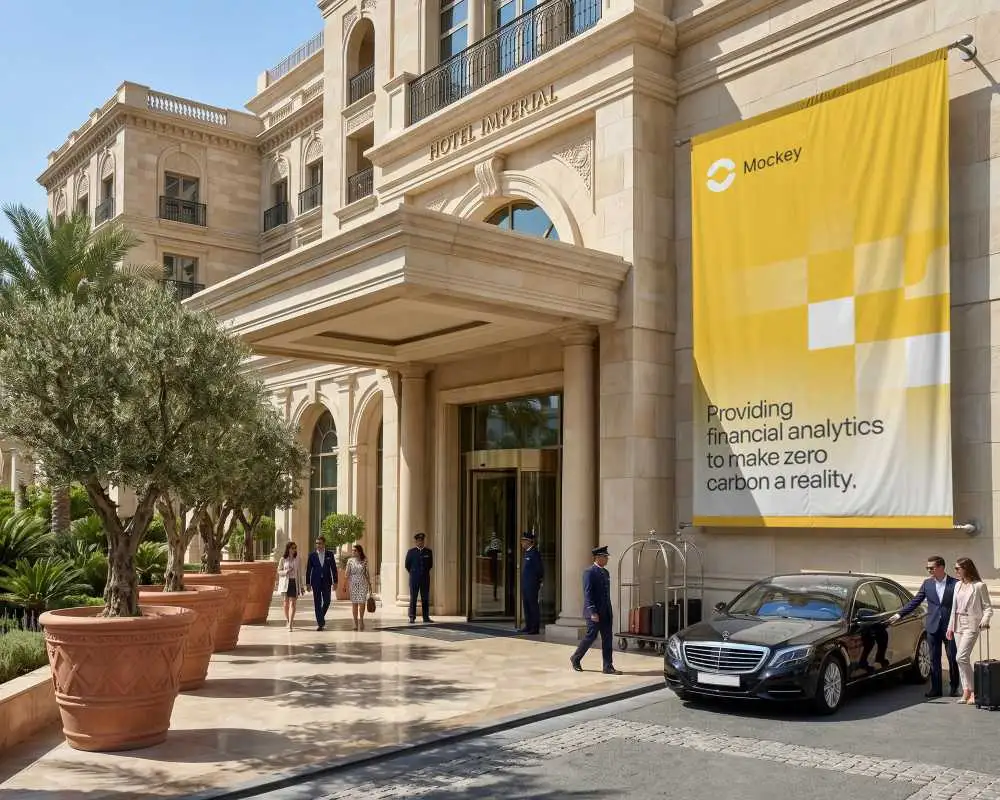 High End Hotel Outdoor Banner Mockup On Classic Architecture Building Facade
