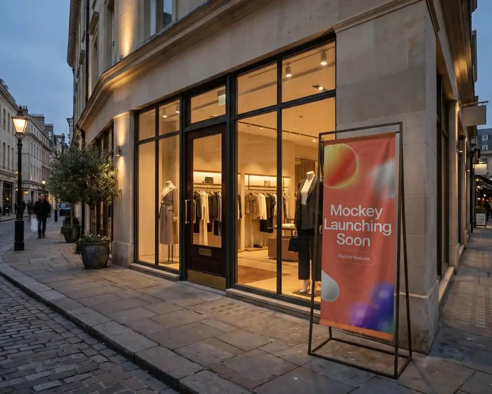 Street Side Standing Banner Mockup Displayed Next To Glass Window Store Facade