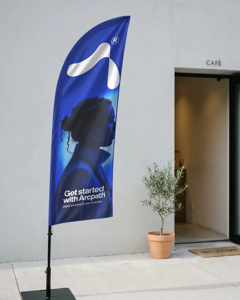 Outdoor Feather Flag Banner Mockup For Cafe Marketing And Branding Display Design