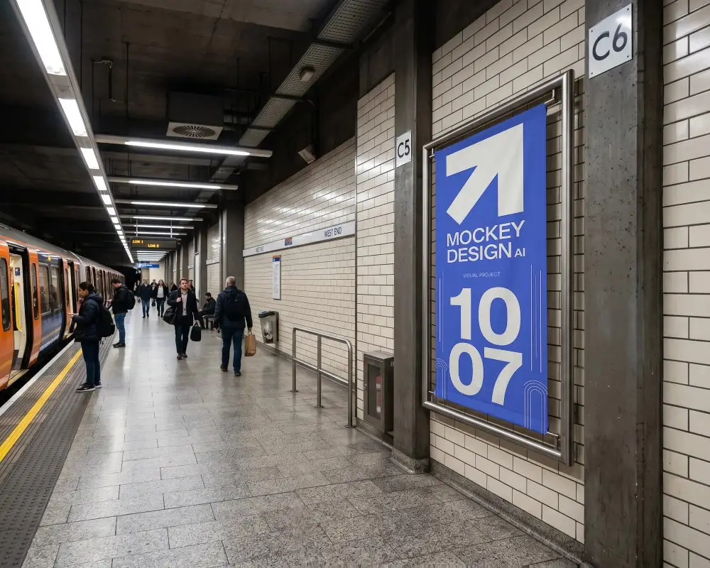 Subway Train Platform With Large Vertical Banner Mockup For Advertising Displays