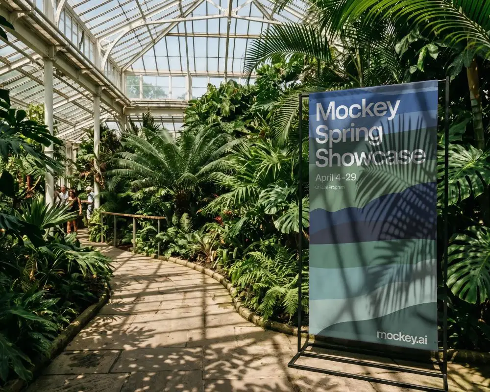 Portable Banner Mockup In Botanical Garden Glasshouse Stand For Promotion