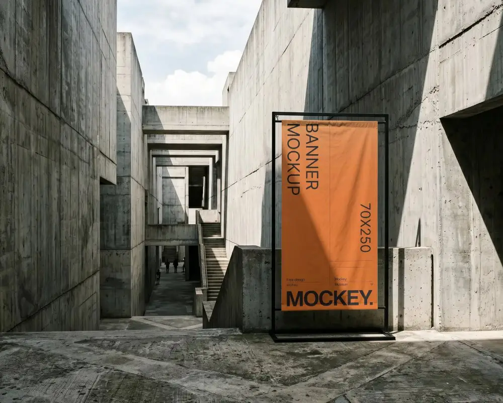 Modern Urban Vertical Banner Mockup In Brutalist Concrete Architecture Setting