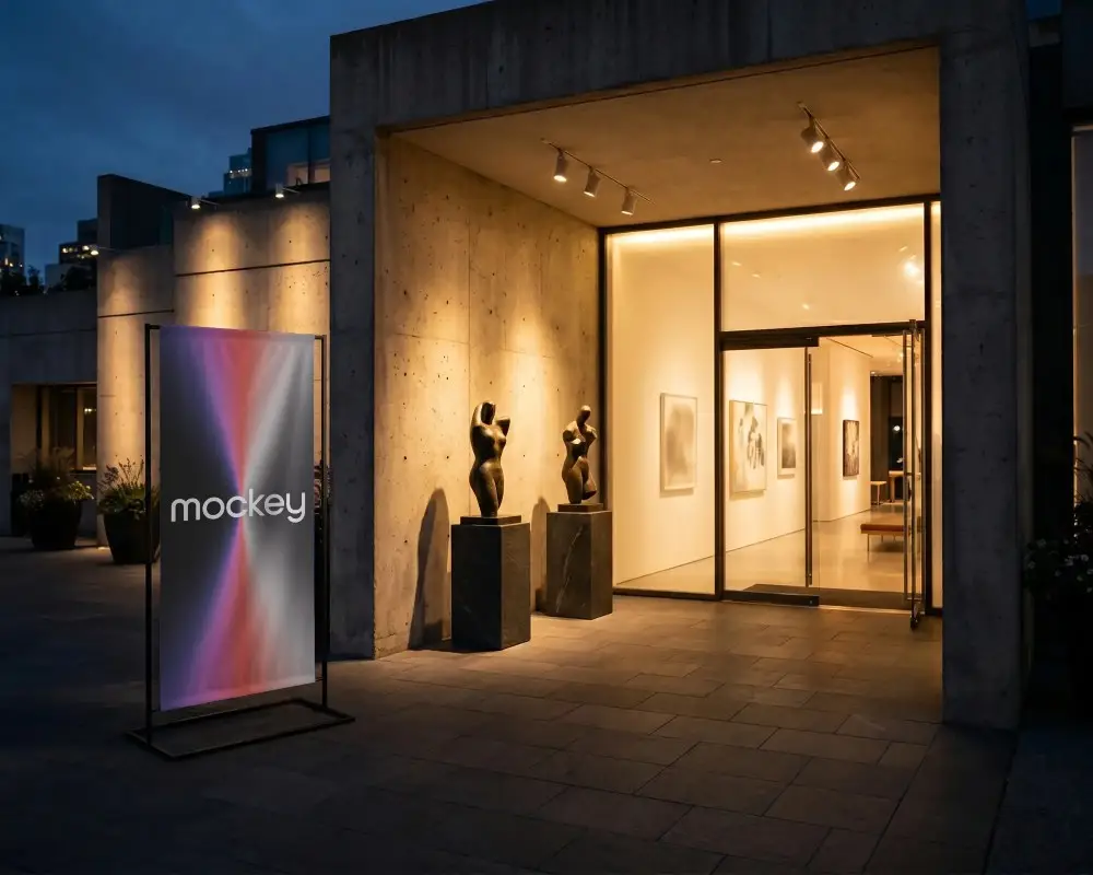 Outdoor Gallery Entrance With Blank Standing Banner Mockup For Art Promotions