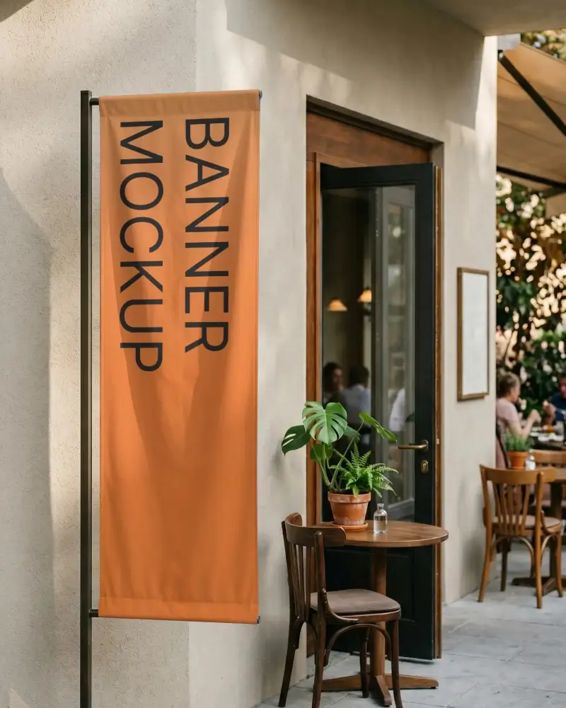 Vertical Outdoor Pole Banner Mockup For Cafe Or Restaurant Entrance Display Template