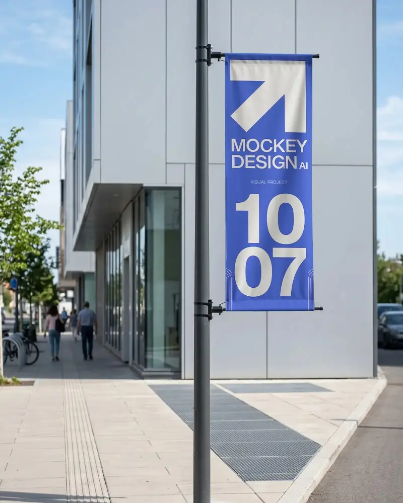 Street Banner Mockup On Pole With Urban Background Sidewalk Pedestrian Walkway