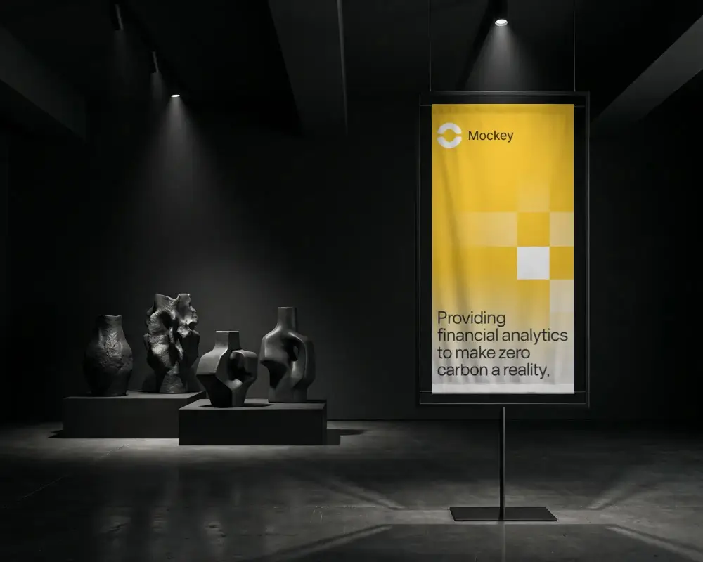 Modern Minimalist Banner Mockup Stand With Abstract Sculptures In Gallery