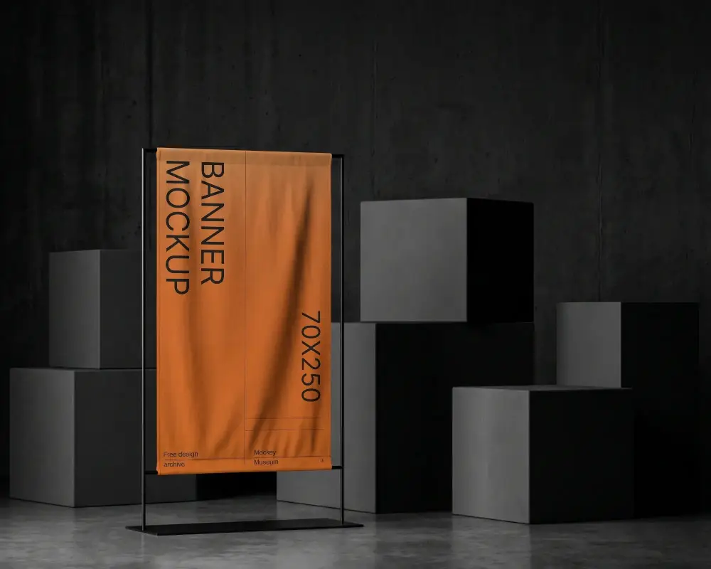 Modern Minimalist Banner Mockup Stand With Fabric Drape In Industrial Studio Setting For Display