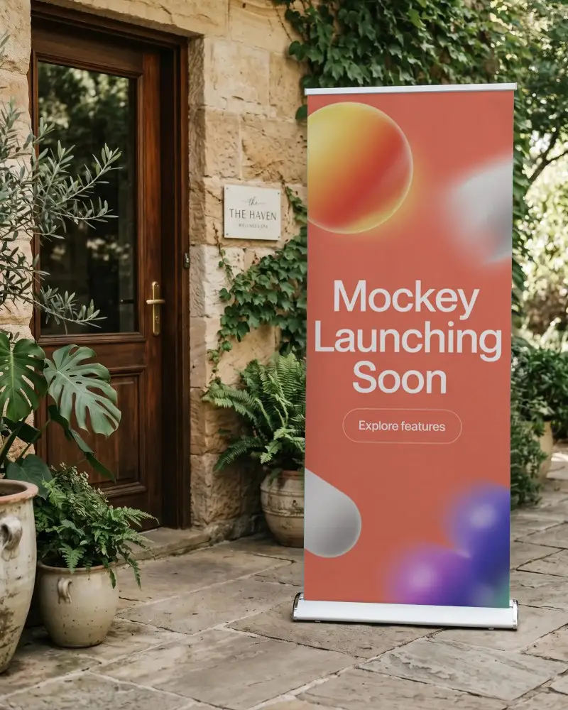 Freestanding Rollup Banner Mockup Ideal For Outdoor Business Promotion And Brand Visibility