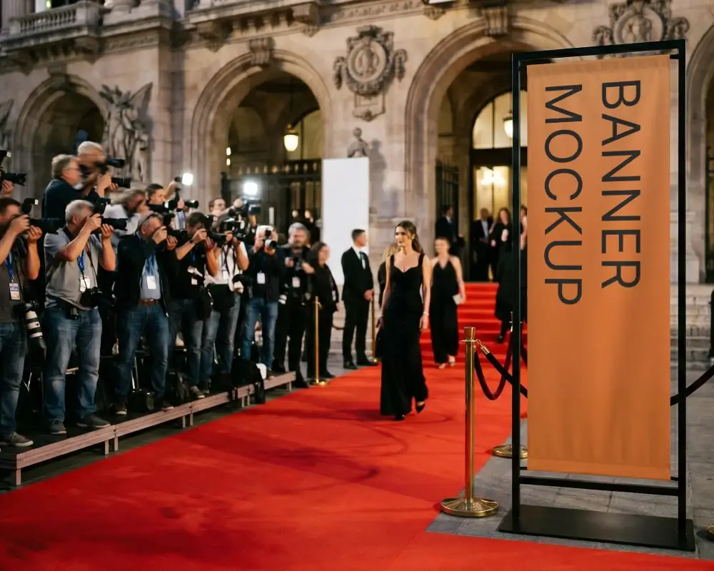 Red Carpet Event Banner Mockup Vertical Display Stand Photography Background Setup