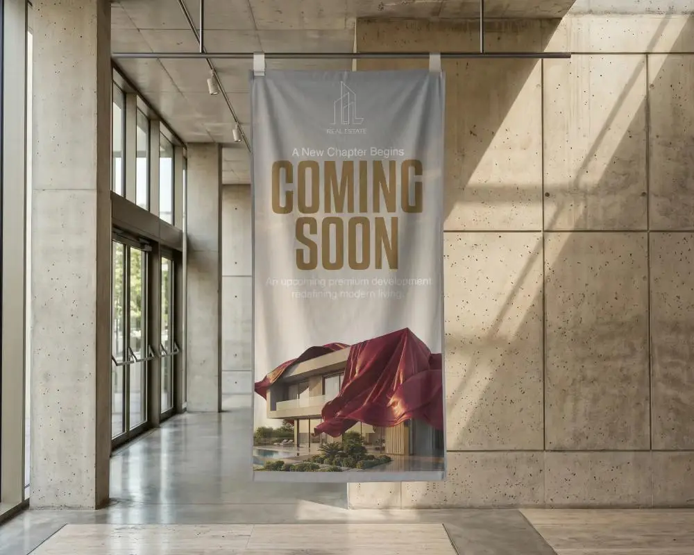 Realistic Banner Mockup In Contemporary Space With Floor To Ceiling Windows