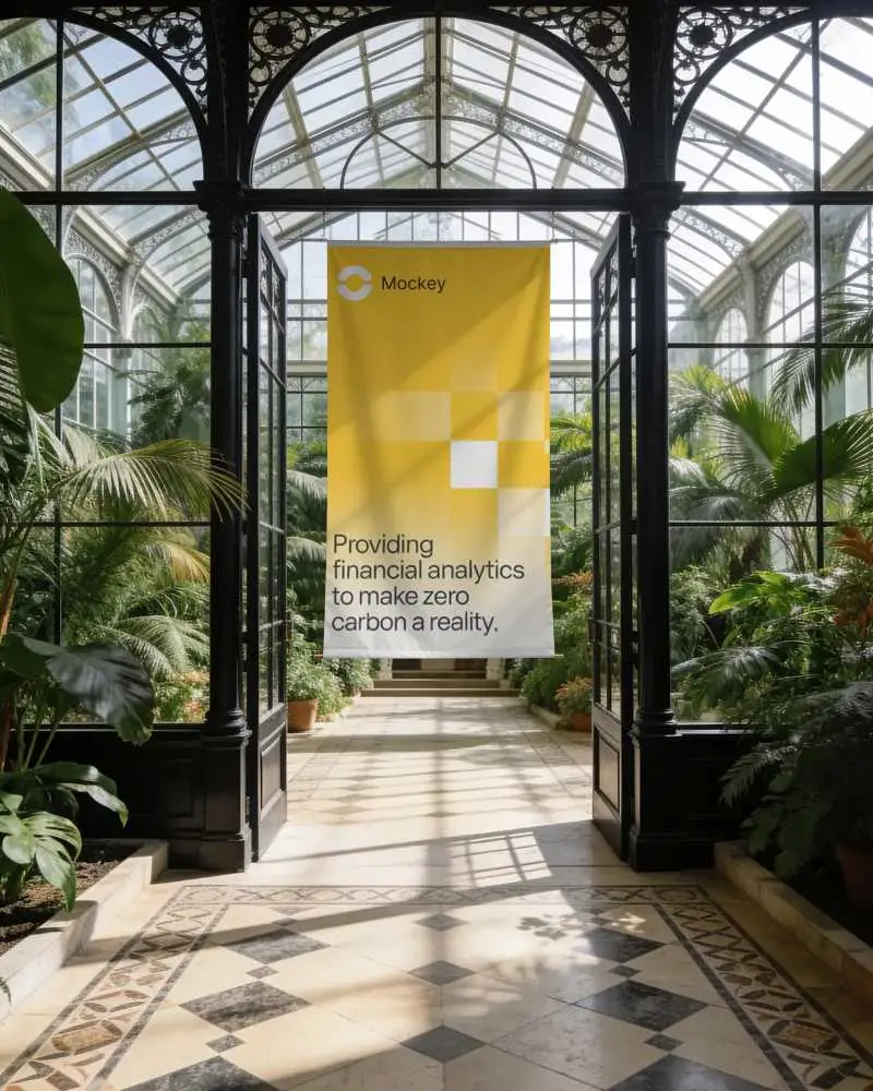 Vertical Hanging Banner Mockup In Glasshouse Surrounded By Lush Greenery And Nature Elements