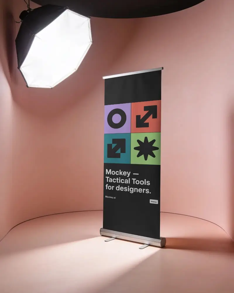 Sleek Roll Up Banner Mockup With Modern Photography Lighting For Brand Promotion