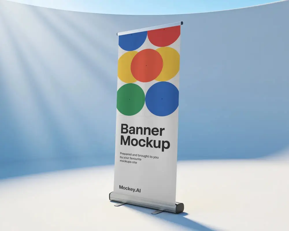 Vertical Pull Up Banner Mockup For Brand Marketing Events And Conference Presentation Scenes