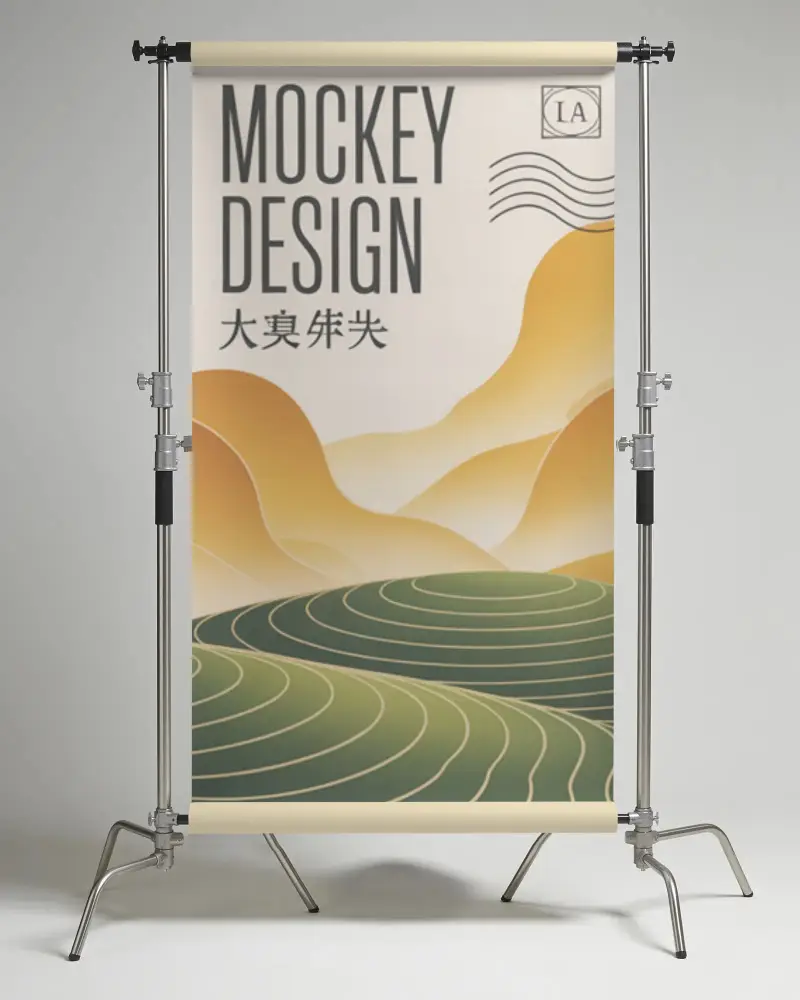 Studio Banner Mockup With Metal Stand And Roll Up Backdrop For Advertisement Display