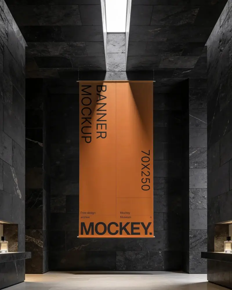 Modern Vertical Banner Mockup Hanging In Minimalist Luxury Interior Space With Natural Light