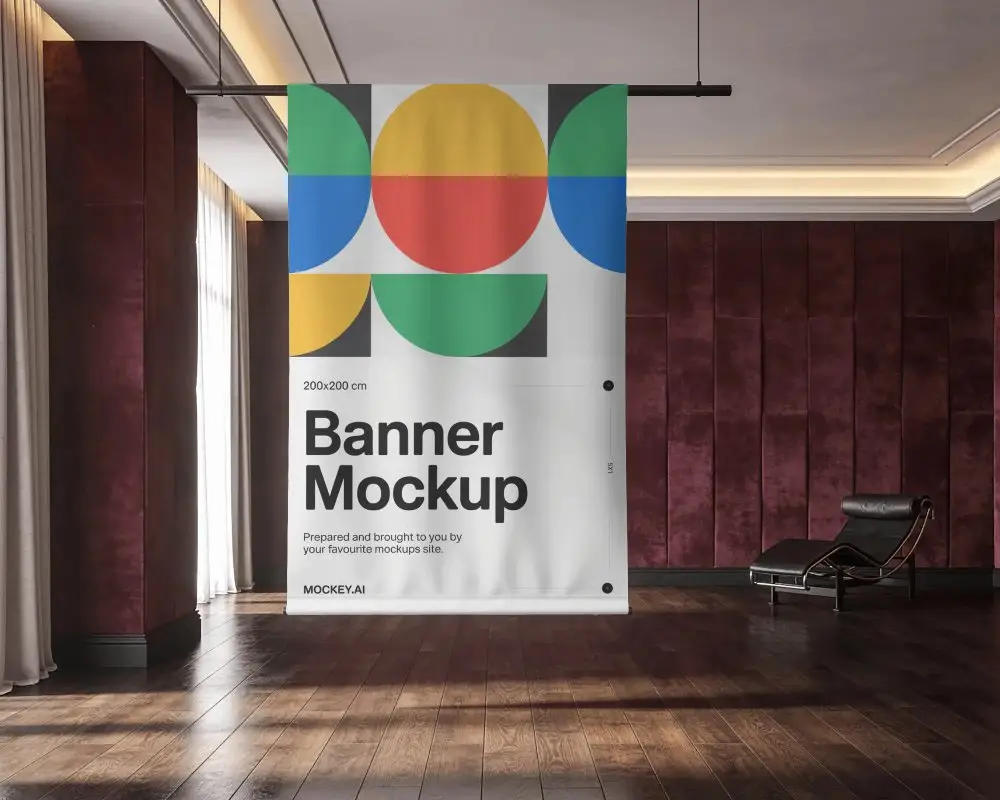 Modern Spacious Room With Hanging Banner Mockup And Minimalist Urban Style Chair