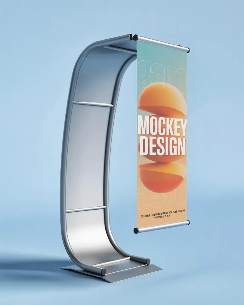 Sleek Metal Display Structure Featuring Hanging Vertical Banner With Clean Background