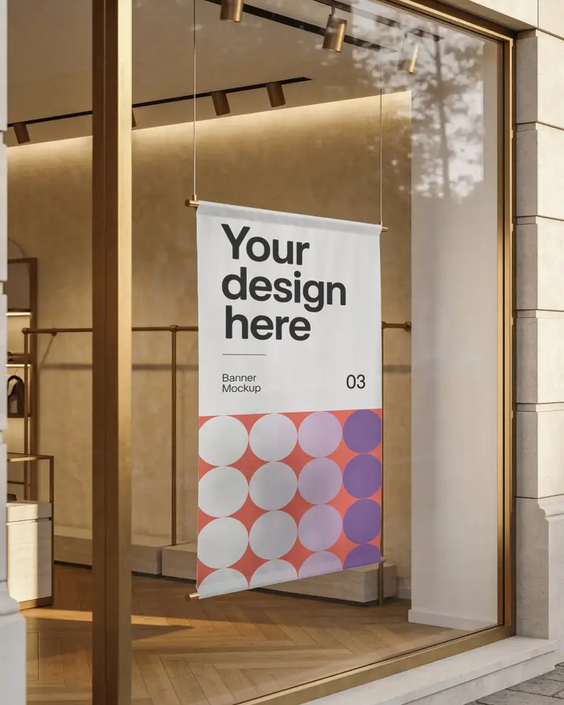 Hanging Window Banner Mockup Display For Retail Storefront Promotional Marketing