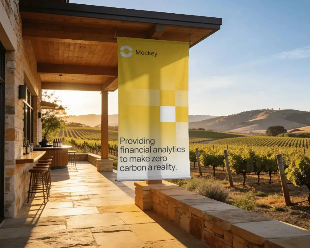 Outdoor Hanging Banner Mockup With Vineyard View And Modern Patio Design For Advertising