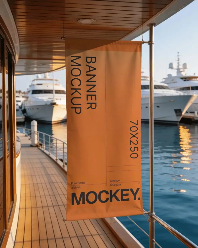 Vertical Hanging Banner Mockup On Luxury Yacht Deck With Maritime Sunset Background Display