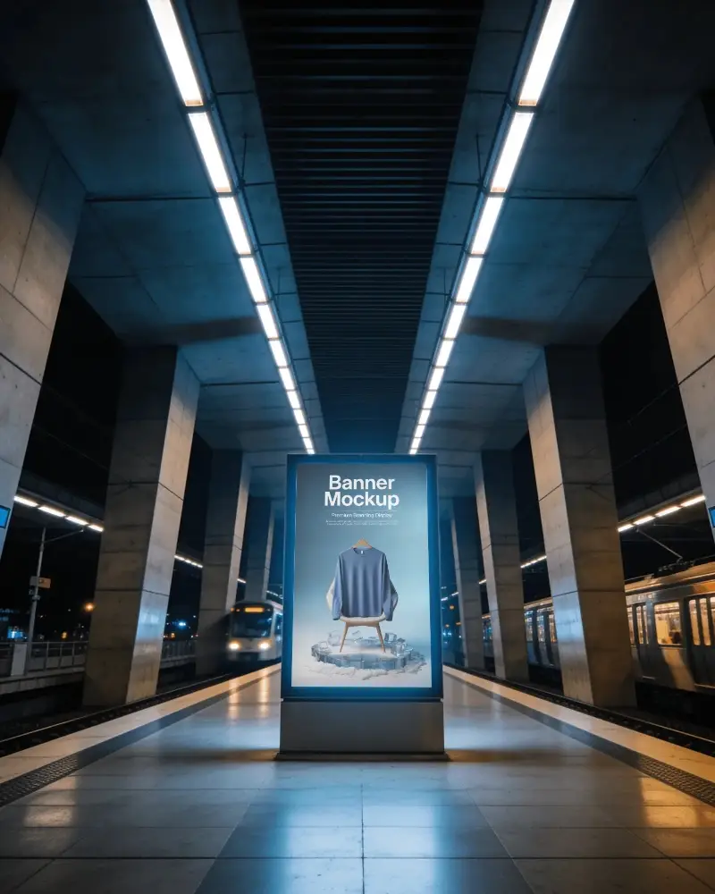 Modern Urban Train Station Banner Mockup With Illumination And Empty Advertising Space