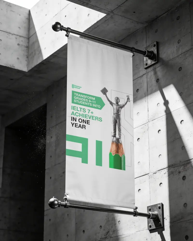 Vertical Hanging Banner Mockup On Industrial Concrete Wall With Metal Brackets And Shadow Light